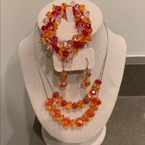 Beaded Jewelry Set - Necklace, Bracelet, Earrings - Pink, Red, Orange, Clear